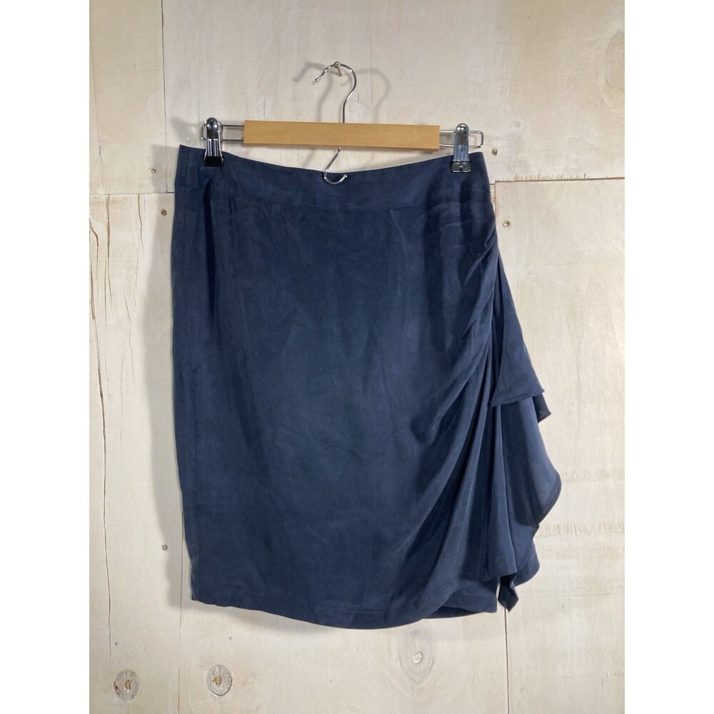 Karen Millen Drape Silk Cupro Skirt Women Sz‎ 6 Navy Blue Ruffle Cocktail